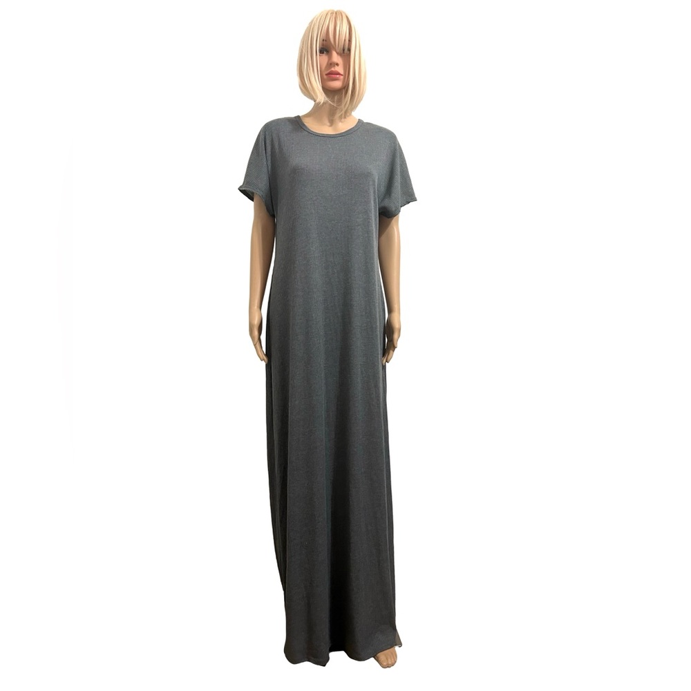 LuLaRoe Grey Ribbed Short Sleeve Scoop Neck Maxi Shift Dresss